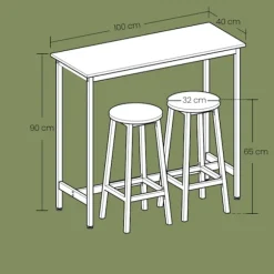 Rootz Bart -bord med 2 barkrakker - Stående bord og stole - Bar Set - Rumbesparende design - 40x100x90 cm bord, 32 cm D x 65 cm H -afføring