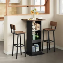 Rootz Bart Table - Bar Table - Spisebord - Rumbesparende design - 112 cm højde - brun, sort - 60 cm x 60 cm - 3 opbevaringshylder