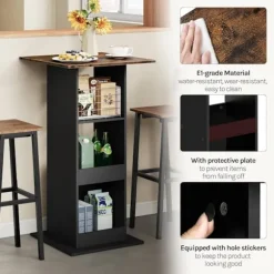 Rootz Bart Table - Bar Table - Spisebord - Rumbesparende design - 112 cm højde - brun, sort - 60 cm x 60 cm - 3 opbevaringshylder