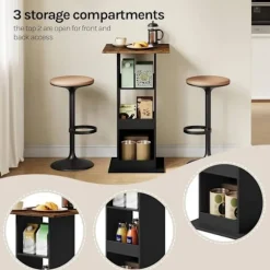 Rootz Bart Table - Bar Table - Spisebord - Rumbesparende design - 112 cm højde - brun, sort - 60 cm x 60 cm - 3 opbevaringshylder