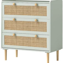 Rootz Bedroom Chest of skuffer - Beklædningsopbevaring - Rattan Fronts - Anti -Tipping Design - 80L x 40W x 87,5 timer cm - Grøn og brun MDF