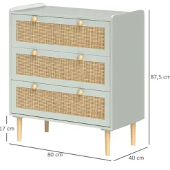 Rootz Bedroom Chest of skuffer - Beklædningsopbevaring - Rattan Fronts - Anti -Tipping Design - 80L x 40W x 87,5 timer cm - Grøn og brun MDF