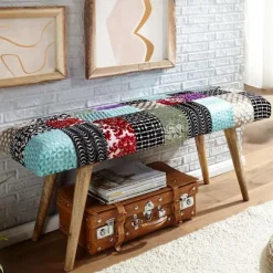 Rootz bænk fløjl - massivt træ bænk flerfarvet 117x51x38 cm sengebænk patchwork - Design polstret bænk gang moderne - Polstret stof bænk spisestue - G | Fyndiq