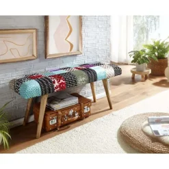 Rootz bænk fløjl - massivt træ bænk flerfarvet 117x51x38 cm sengebænk patchwork - Design polstret bænk gang moderne - Polstret stof bænk spisestue - G | Fyndiq