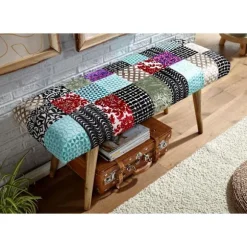 Rootz bænk fløjl - massivt træ bænk flerfarvet 117x51x38 cm sengebænk patchwork - Design polstret bænk gang moderne - Polstret stof bænk spisestue - G | Fyndiq