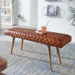Rootz bænk ægte læder - massiv træ bænk 115x53x38 cm - 2 personers polstret bænk hall spisestue brun - Lille læder sengebænk Hall møbel hall bænk