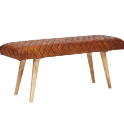 Rootz bænk ægte læder - massiv træ bænk 115x53x38 cm - 2 personers polstret bænk hall spisestue brun - Lille læder sengebænk Hall møbel hall bænk