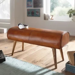 Rootz bænk ægte læder - massivt træ bænk 100x53x40 cm - 2-personers polstret bænk hall springbok brun - Lille læder sengebænk Hall møbler hall bænk