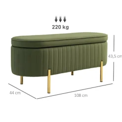 Rootz bænk med opbevaring - Polstret sæde - Fløjlsbænk - Komfortabel og elegant - 108 cm x 44 cm x 43,5 cm - Grøn og guld