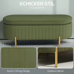 Rootz bænk med opbevaring - Polstret sæde - Fløjlsbænk - Komfortabel og elegant - 108 cm x 44 cm x 43,5 cm - Grøn og guld