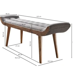 Rootz bænk stof - massivt træ bænk grå 125x51x38 cm Chesterfield design - Hall polstret bænk - Stof bænk sengebænk 2 personer - Hall bænk moderne