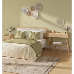 Rootz Boho Style Dressing Taburet - Cremehvid Eg Beige - Rund Ottoman - Gummi træ Boucle stof - 37 cm x 37 cm x 43 cm