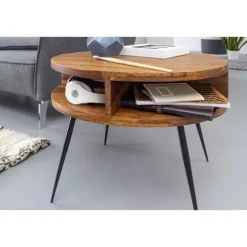 Rootz bord Sheesham massivt træ - metal 60x45x60 cm bord stue - Design sidebord med hylde Lille sofabord rund brunt