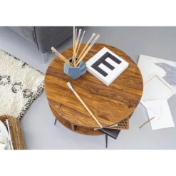 Rootz bord Sheesham massivt træ - metal 60x45x60 cm bord stue - Design sidebord med hylde Lille sofabord rund brunt