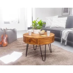 Rootz bord Sheesham massivt træ - metal 60x44,5x60 cm bord stue - Design sidebord med skuffer Lille sofabord rund brunt