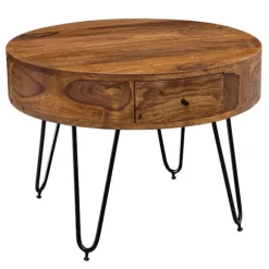 Rootz bord Sheesham massivt træ - metal 60x44,5x60 cm bord stue - Design sidebord med skuffer Lille sofabord rund brunt