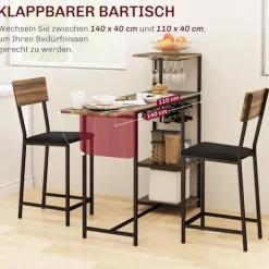 Rootz 3-delt barbordssæt - Pubbord - Højt bord - Vinopbevaring - 110-140 cm x 40 cm x 116 cm