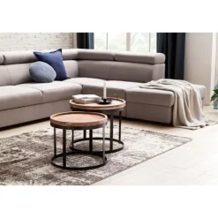 Rootz 2-delt sideborde - Stueborde - Runde bordplader - Metalbund - Moderne design - Håndlavet akacietræ - 53 cm x 45 cm x 53 cm / 48 cm x 40 cm x 48 | Fyndiq