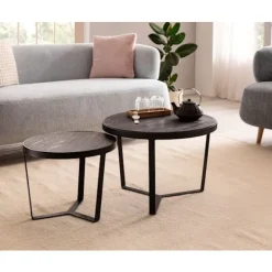Rootz 2-delt sofaborde - Moderne design - Runde borde - Naturligt trækorn - Elegant stenlook - Håndlavet - Pladsbesparende - Gulvbeskyttere - Akacietr | Fyndiq