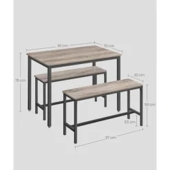 Rootz 3-delt spisestuesæt - Greige meleret blæk Sort - Spånpladestål - Bænksæde - 70 cm x 110 cm x 75 cm