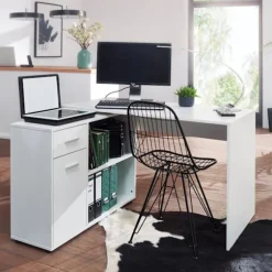 Rootz design hjørne skrivebord med hylde hvid 120 x 75,5 x 106,5 cm - Moderne kontor skrivebord Computer bordstudie - Vinkel skrivebord hjemmekontor | Fyndiq