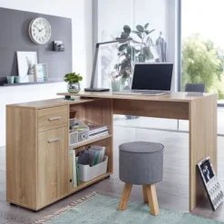 Rootz design hjørneskrivebord med hylde Sonoma 120 x 75,5 x 106,5 cm - Moderne kontorbord Computerbordstudie - Vinkelskrivebord hjemmekontor