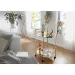 Rootz design serveringsvogn guld 67x79 cm Mobil Minibar - Sidebord på hjul Spisevogn med hvid glasplade Køkkenvogn - Teavogn med frostet glas