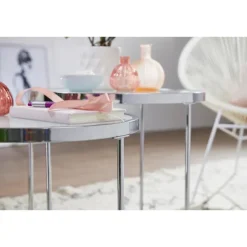 Rootz design sidebord rundt Ø 50-42 cm - 2 stk hvid sølv med glasplade - Stuebord sæt af 2 - Nesting bord mælkeglas - sofabord