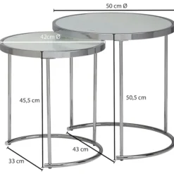 Rootz design sidebord rundt Ø 50-42 cm - 2 stk hvid sølv med glasplade - Stuebord sæt af 2 - Nesting bord mælkeglas - sofabord