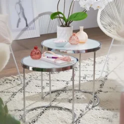 Rootz design sidebord rundt Ø 50-42 cm - 2 stk hvid sølv med glasplade - Stuebord sæt af 2 - Nesting bord mælkeglas - sofabord