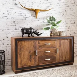 Rootz Design skænk Sheesham massivt træ med imiteret læder 160x44x80 cm - Skænk i rustik landstil - Kommode med skuffer og låger