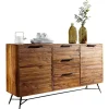 Rootz Design skænk 160x40x88 cm Sheesham Solid Wood - Kommode med døre og skuffer - Massiv skænk Industriel - Massivt træskab med metalben