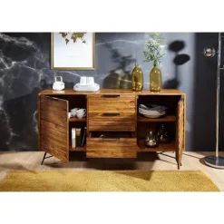 Rootz Design skænk 160x40x88 cm Sheesham Solid Wood - Kommode med døre og skuffer - Massiv skænk Industriel - Massivt træskab med metalben
