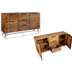 Rootz Design skænk 160x40x88 cm Sheesham Solid Wood - Kommode med døre og skuffer - Massiv skænk Industriel - Massivt træskab med metalben