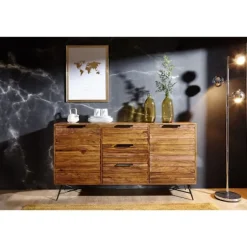 Rootz Design skænk 160x40x88 cm Sheesham Solid Wood - Kommode med døre og skuffer - Massiv skænk Industriel - Massivt træskab med metalben
