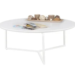 Rootz Design sofabord MDF træ hvid mat stel metal ø 80 cm - Stue lakeret Sofa moderne - Sofabord rund lounge