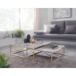 Rootz design sofabord sæt med 2 hvid marmor optik kantet - Sofaborde 2-delt bordstel metal guld - Ædle stueborde - Moderne redeborde