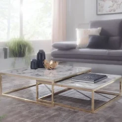 Rootz design sofabord sæt med 2 hvid marmor optik kantet - Sofaborde 2-delt bordstel metal guld - Ædle stueborde - Moderne redeborde