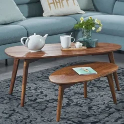 Rootz design sofabord sæt med 2 massivt sheesham træ stuebord brunt - redebord træbord nyreformet sofabord - 2-delt dækkeserviet, sidebord, træ