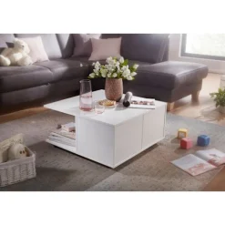 Rootz design sofabord 70x70 cm hvid - Stuebord med 2 skuffer - Sofabord med hjul - Bord med 2 rum