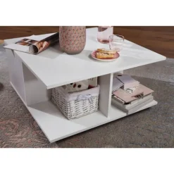 Rootz design sofabord 70x70 cm hvid - Stuebord med 2 skuffer - Sofabord med hjul - Bord med 2 rum
