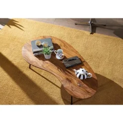 Rootz Design sofabord 122x36x63 cm Sheesham med metalben Sort - Nyrebord Massivt træ Grå - Træbordben Metal - Cool massivt træbord - Bord Flad Moderne | Fyndiq