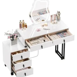 Rootz -dæmningbord med belysning - Vanity Desk - Dressing Table - Rummet opbevaring - 90 x 130 x 38 cm - MDF & Solid Wood - Hvid