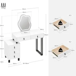 Rootz -dæmningbord med belysning - Vanity Desk - Dressing Table - Rummet opbevaring - 90 x 130 x 38 cm - MDF & Solid Wood - Hvid