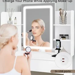 Rootz -dæmningbord med LED -belysning - Makeup -bord - Vanity Desk - USB -opladning - 90x135x40 cm