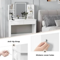 Rootz -dæmningbord med LED -belysning - Makeup -bord - Vanity Desk - USB -opladning - 90x135x40 cm