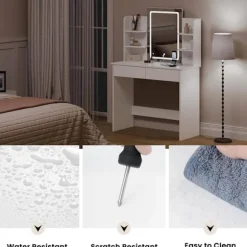 Rootz -dæmningbord med LED -belysning - Makeup -bord - Vanity Desk - USB -opladning - 90x135x40 cm