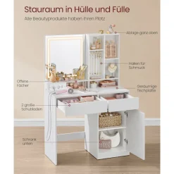 Rootz Dressing Bord med LED -belysning - Vanity - Makeup -bord - Hvid finish - 40 x 90 x 138 cm