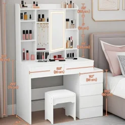 Rootz Dressing Table - Vanity Table - Makeup Table - LED -belysning - Justerbare farver og lysstyrke - 40 cm x 97,5 cm x 145 cm