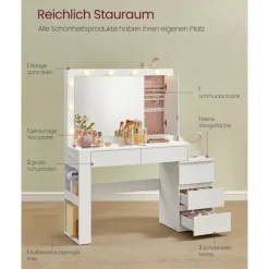 Rootz Dressing Table - Vanity Table - Makeup -bord - LED -belysning - Hvid - 40 x 125 x 140 cm